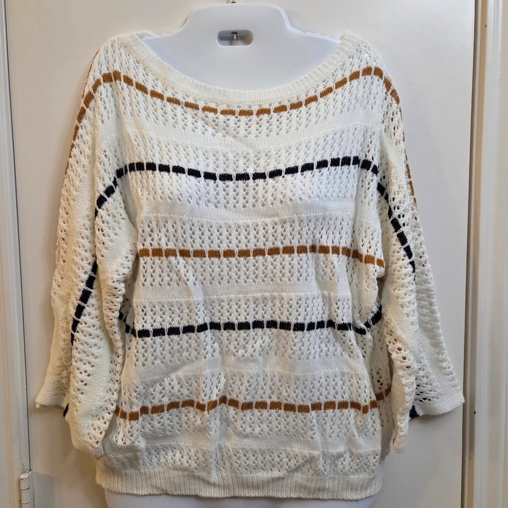 White Striped Open Knit Crochet Boat Neck Sweater 3/4 Sleeve Small